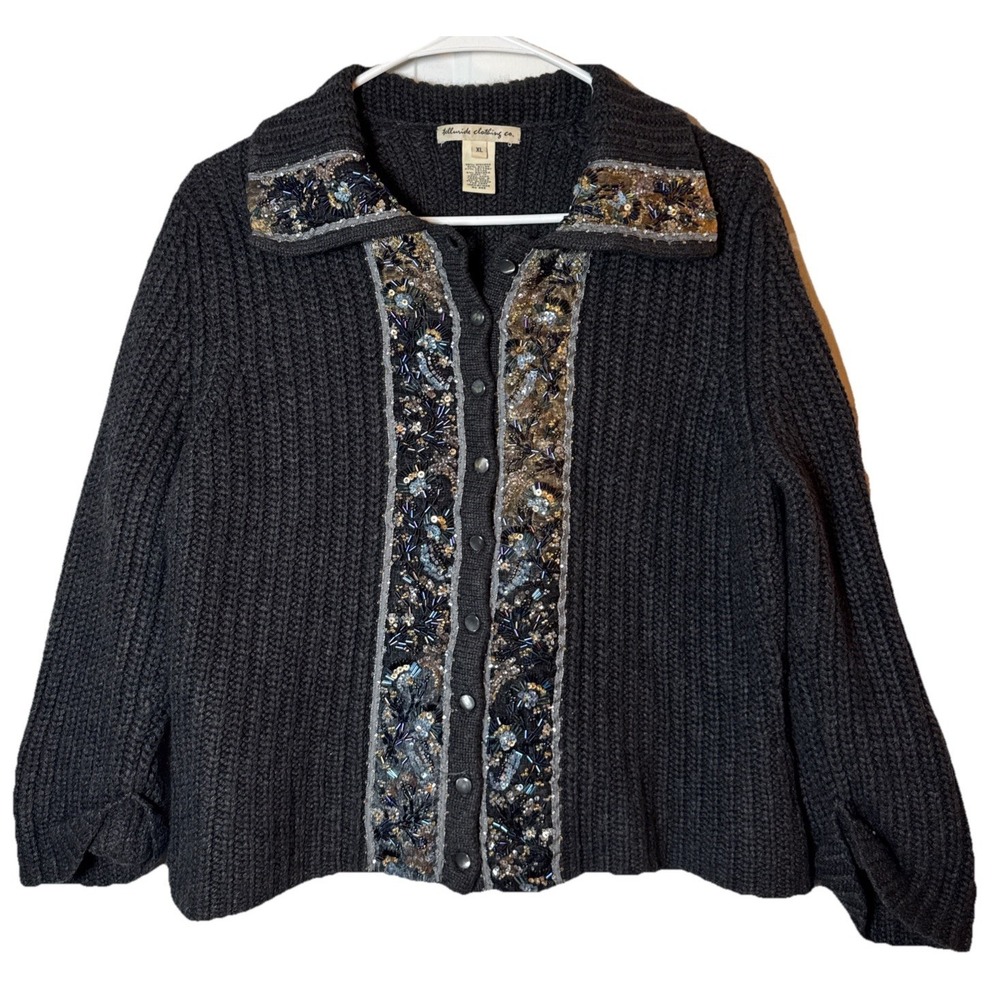 Vintage Telluride Clothing Co XL Beaded Angora Blend Cardigan Sweater Black